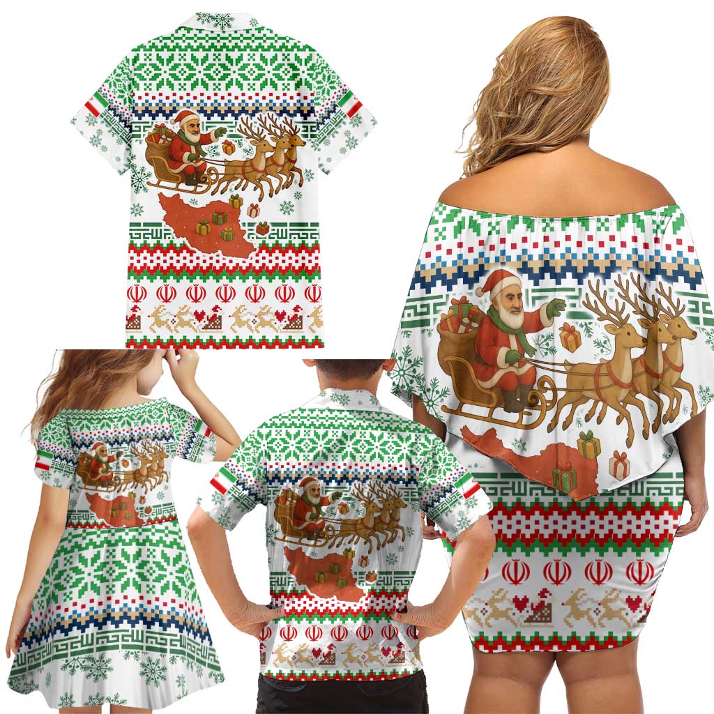 Iran Christmas Family Matching Off Shoulder Short Dress and Hawaiian Shirt with Santa Sleigh Reindeer Map and Green Red Snowflake Pattern - Wonder Print Shop