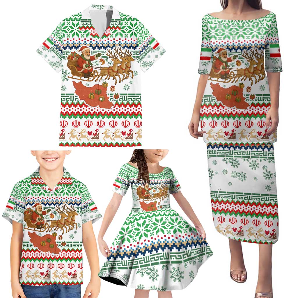 Iran Christmas Family Matching Puletasi and Hawaiian Shirt with Santa Sleigh Reindeer Map and Green Red Snowflake Pattern - Wonder Print Shop