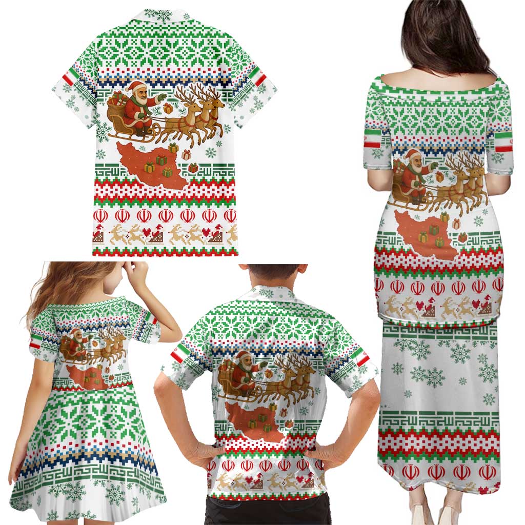 Iran Christmas Family Matching Puletasi and Hawaiian Shirt with Santa Sleigh Reindeer Map and Green Red Snowflake Pattern - Wonder Print Shop