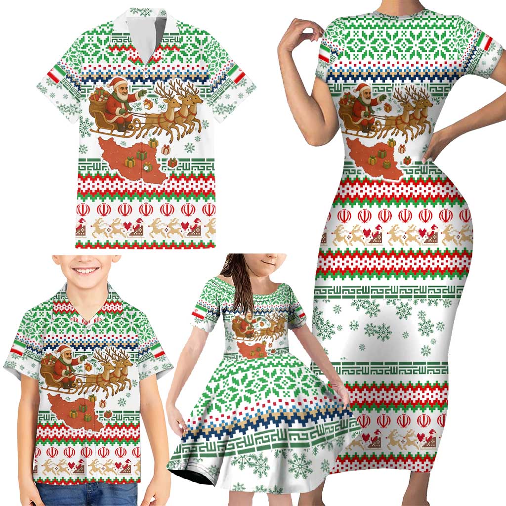 Iran Christmas Family Matching Short Sleeve Bodycon Dress and Hawaiian Shirt with Santa Sleigh Reindeer Map and Green Red Snowflake Pattern - Wonder Print Shop