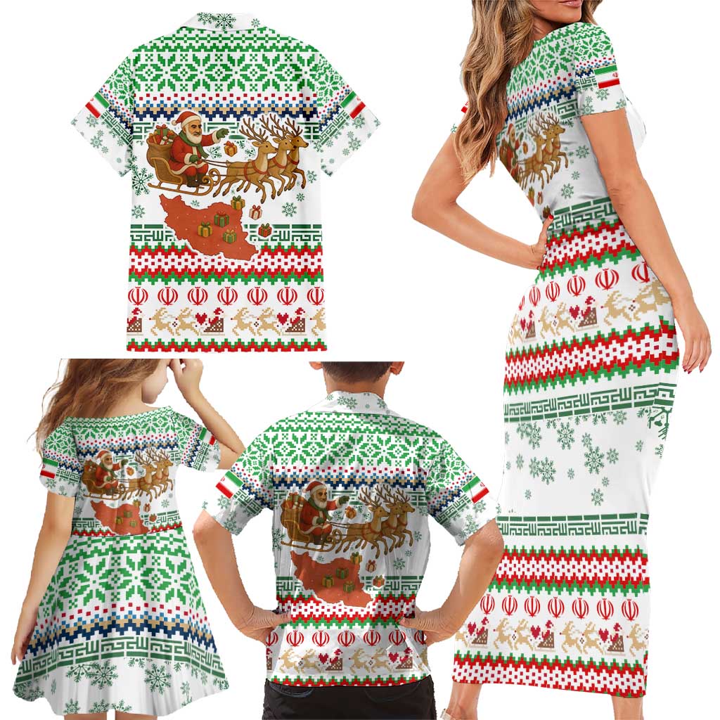 Iran Christmas Family Matching Short Sleeve Bodycon Dress and Hawaiian Shirt with Santa Sleigh Reindeer Map and Green Red Snowflake Pattern - Wonder Print Shop