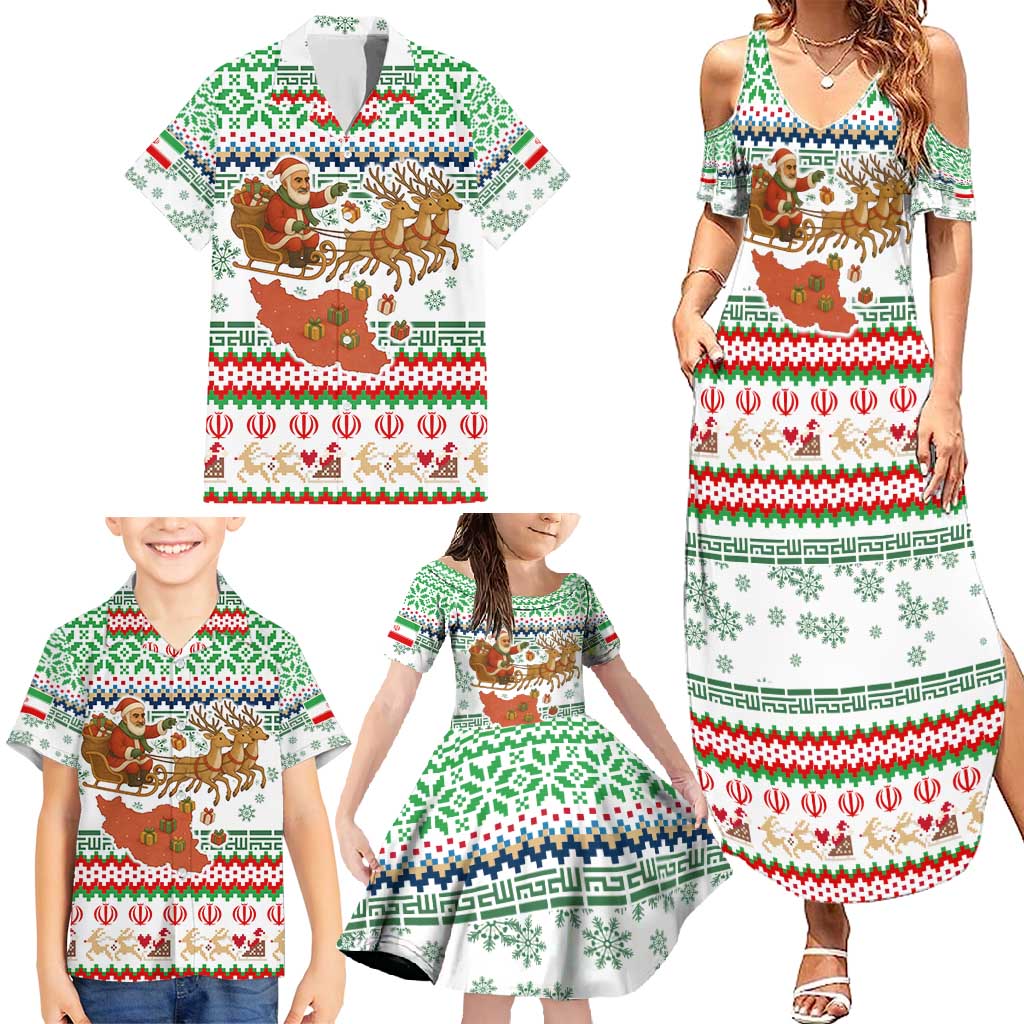 Iran Christmas Family Matching Summer Maxi Dress and Hawaiian Shirt with Santa Sleigh Reindeer Map and Green Red Snowflake Pattern - Wonder Print Shop