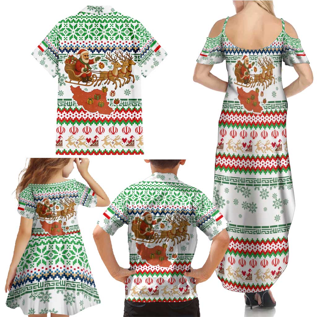 Iran Christmas Family Matching Summer Maxi Dress and Hawaiian Shirt with Santa Sleigh Reindeer Map and Green Red Snowflake Pattern - Wonder Print Shop