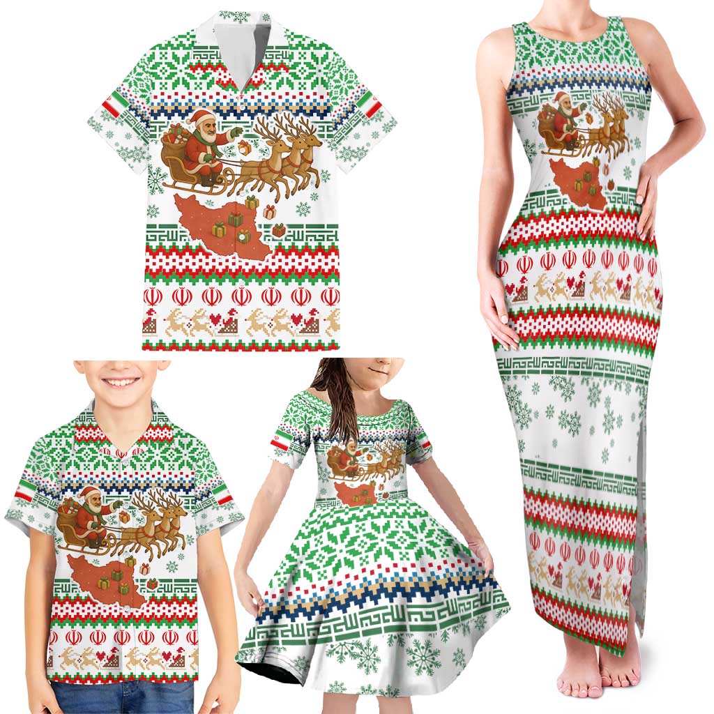 Iran Christmas Family Matching Tank Maxi Dress and Hawaiian Shirt with Santa Sleigh Reindeer Map and Green Red Snowflake Pattern - Wonder Print Shop