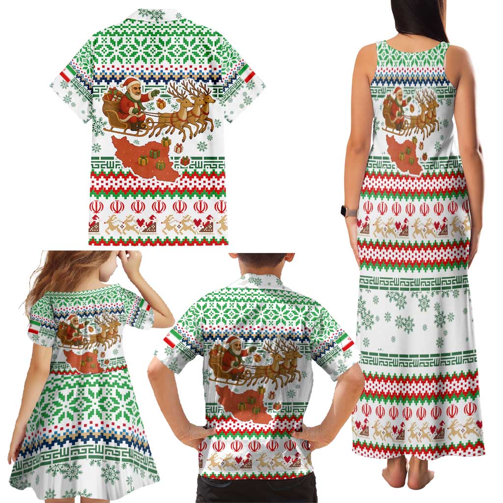 Iran Christmas Family Matching Tank Maxi Dress and Hawaiian Shirt with Santa Sleigh Reindeer Map and Green Red Snowflake Pattern - Wonder Print Shop