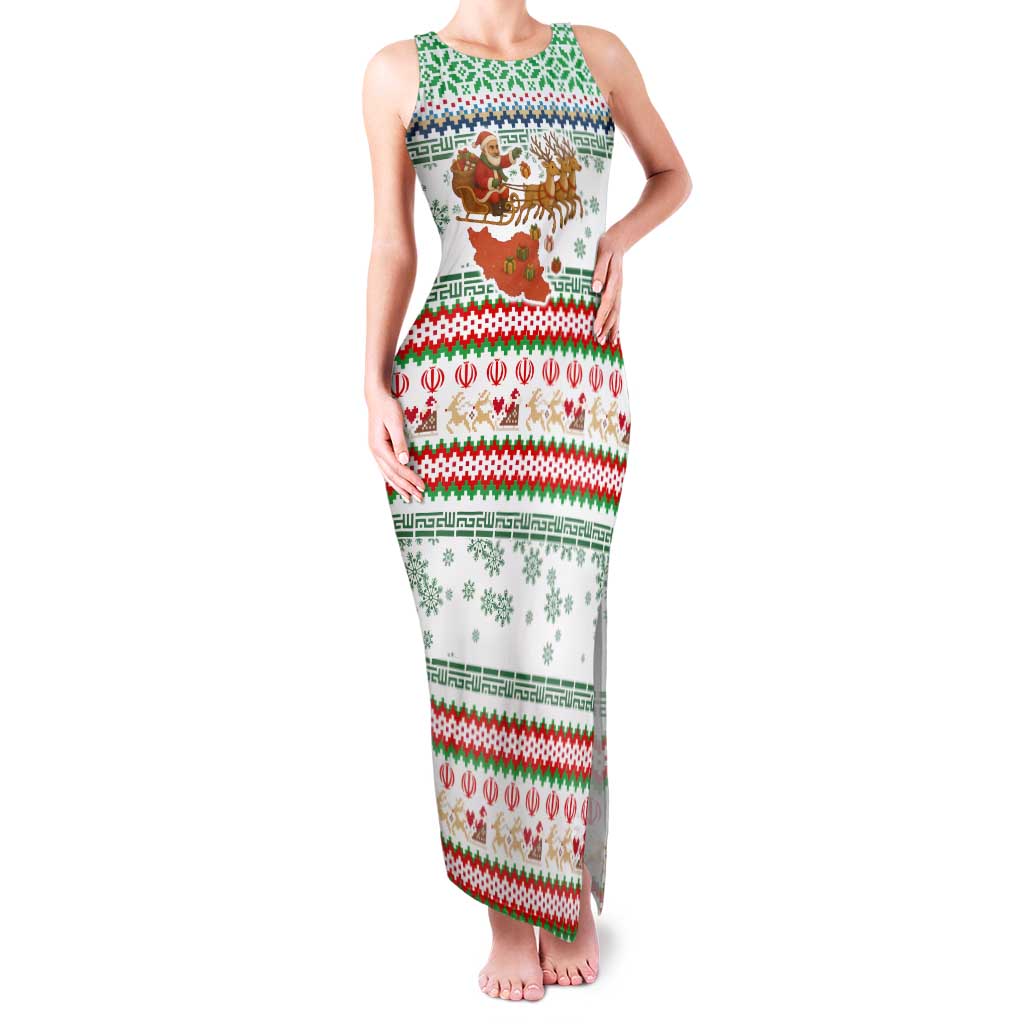 Iran Christmas Family Matching Tank Maxi Dress and Hawaiian Shirt with Santa Sleigh Reindeer Map and Green Red Snowflake Pattern - Wonder Print Shop