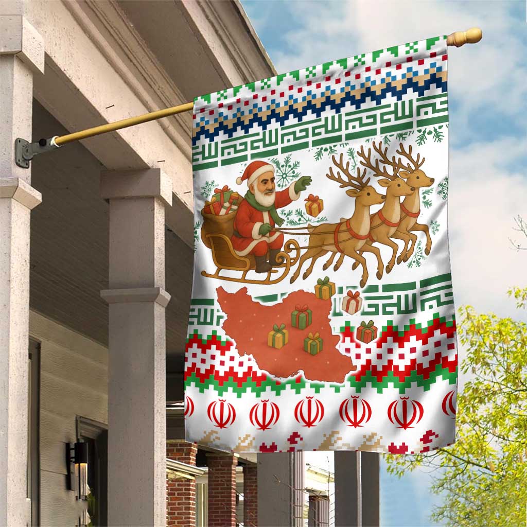 Iran Christmas Garden Flag with Santa Sleigh Reindeer Map and Green Red Snowflake Pattern - Wonder Print Shop