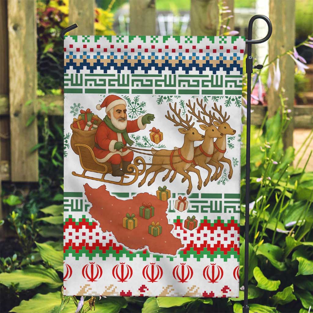 Iran Christmas Garden Flag with Santa Sleigh Reindeer Map and Green Red Snowflake Pattern - Wonder Print Shop