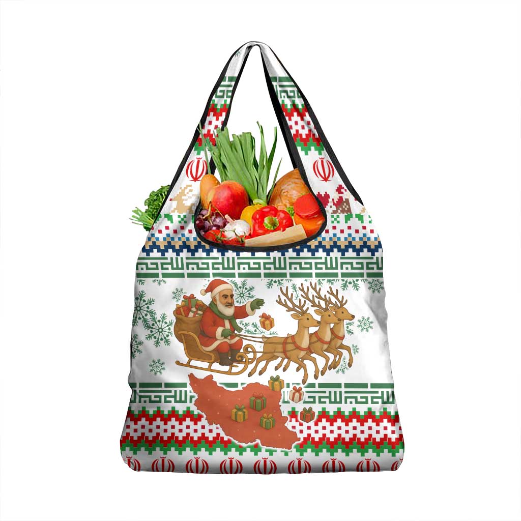 Iran Christmas Grocery Bag with Santa Sleigh Reindeer Map and Green Red Snowflake Pattern - Wonder Print Shop