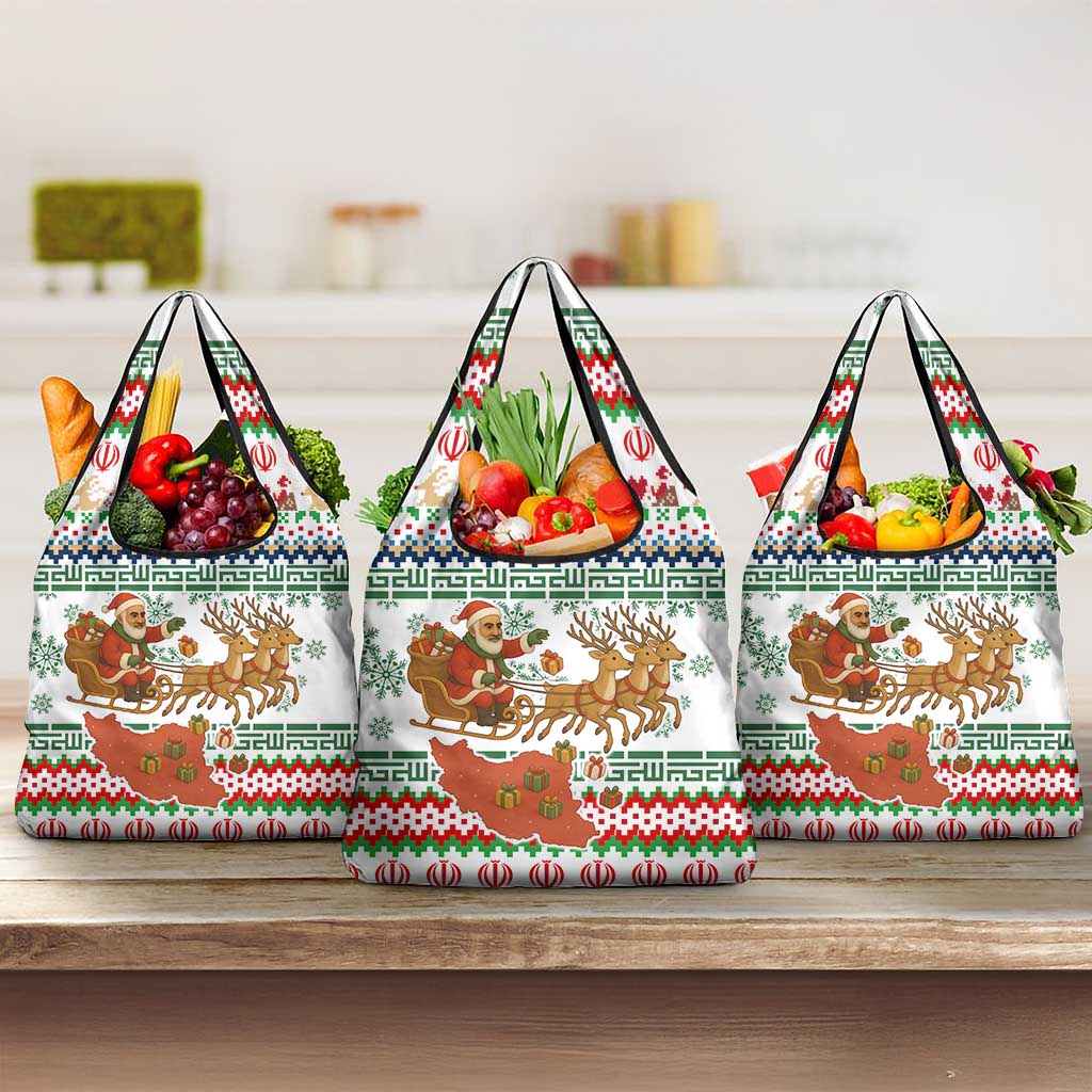 Iran Christmas Grocery Bag with Santa Sleigh Reindeer Map and Green Red Snowflake Pattern - Wonder Print Shop