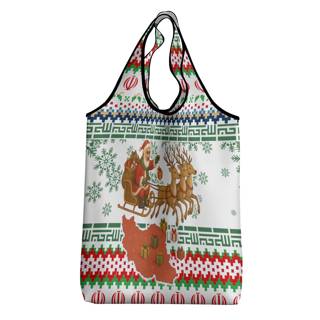 Iran Christmas Grocery Bag with Santa Sleigh Reindeer Map and Green Red Snowflake Pattern - Wonder Print Shop