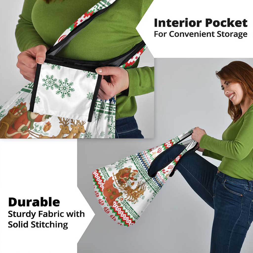 Iran Christmas Grocery Bag with Santa Sleigh Reindeer Map and Green Red Snowflake Pattern - Wonder Print Shop