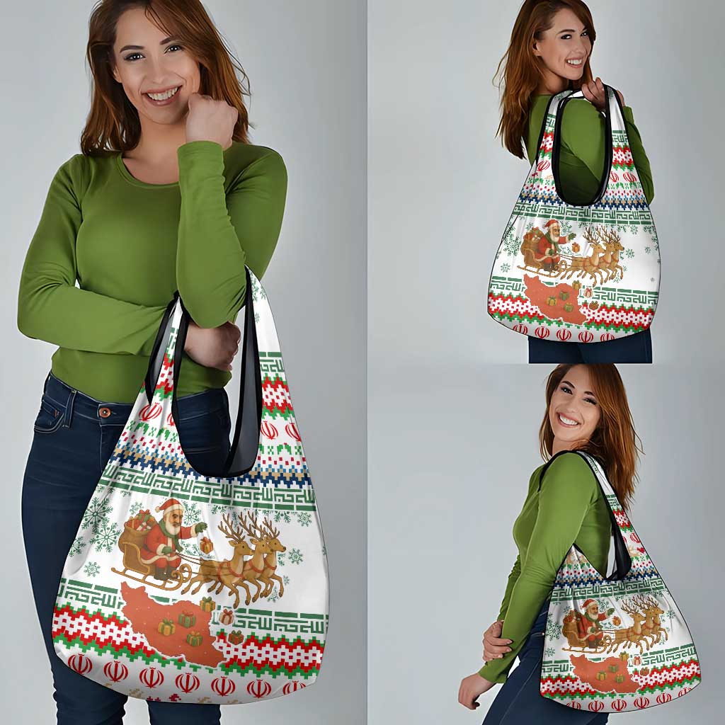 Iran Christmas Grocery Bag with Santa Sleigh Reindeer Map and Green Red Snowflake Pattern - Wonder Print Shop