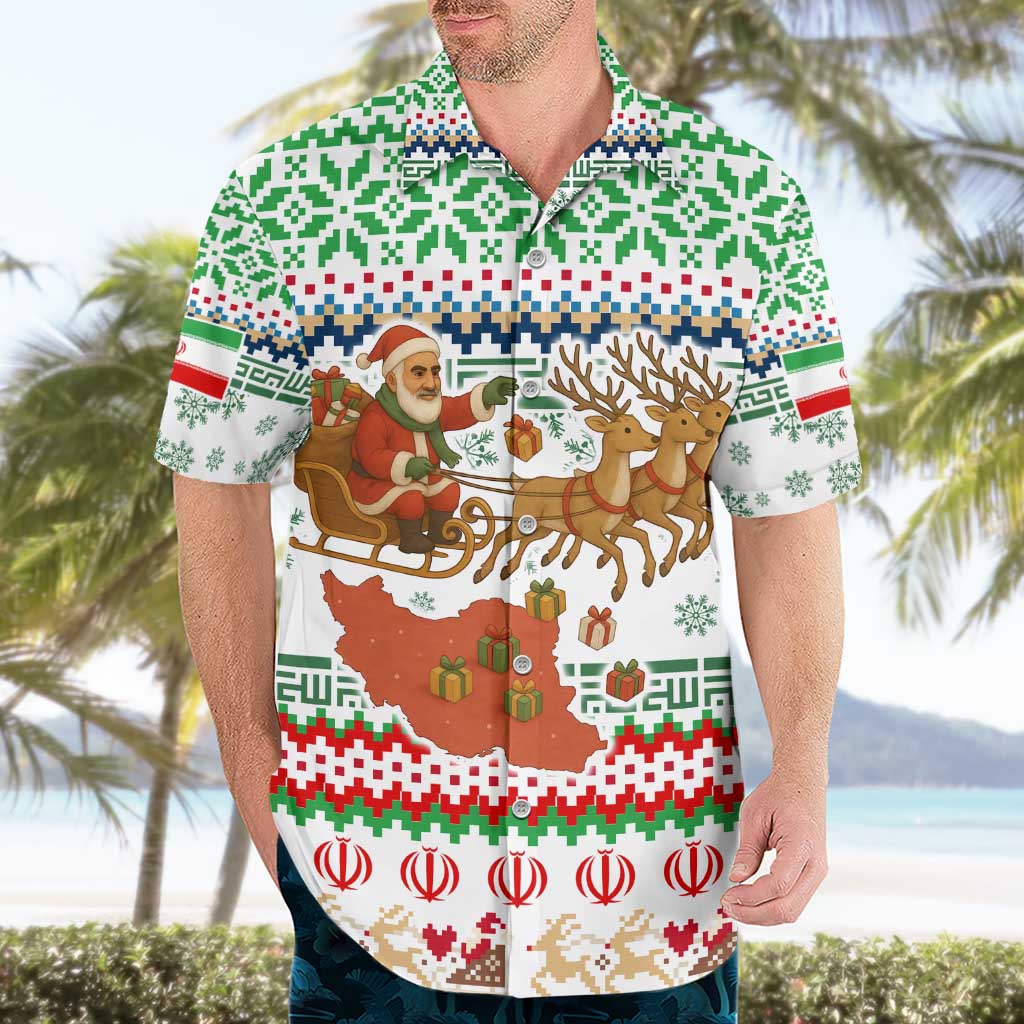 Iran Christmas Hawaiian Shirt with Santa Sleigh Reindeer Map and Green Red Snowflake Pattern - Wonder Print Shop