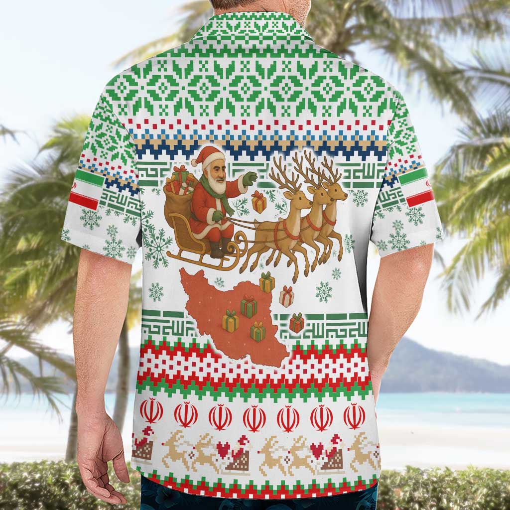 Iran Christmas Hawaiian Shirt with Santa Sleigh Reindeer Map and Green Red Snowflake Pattern - Wonder Print Shop