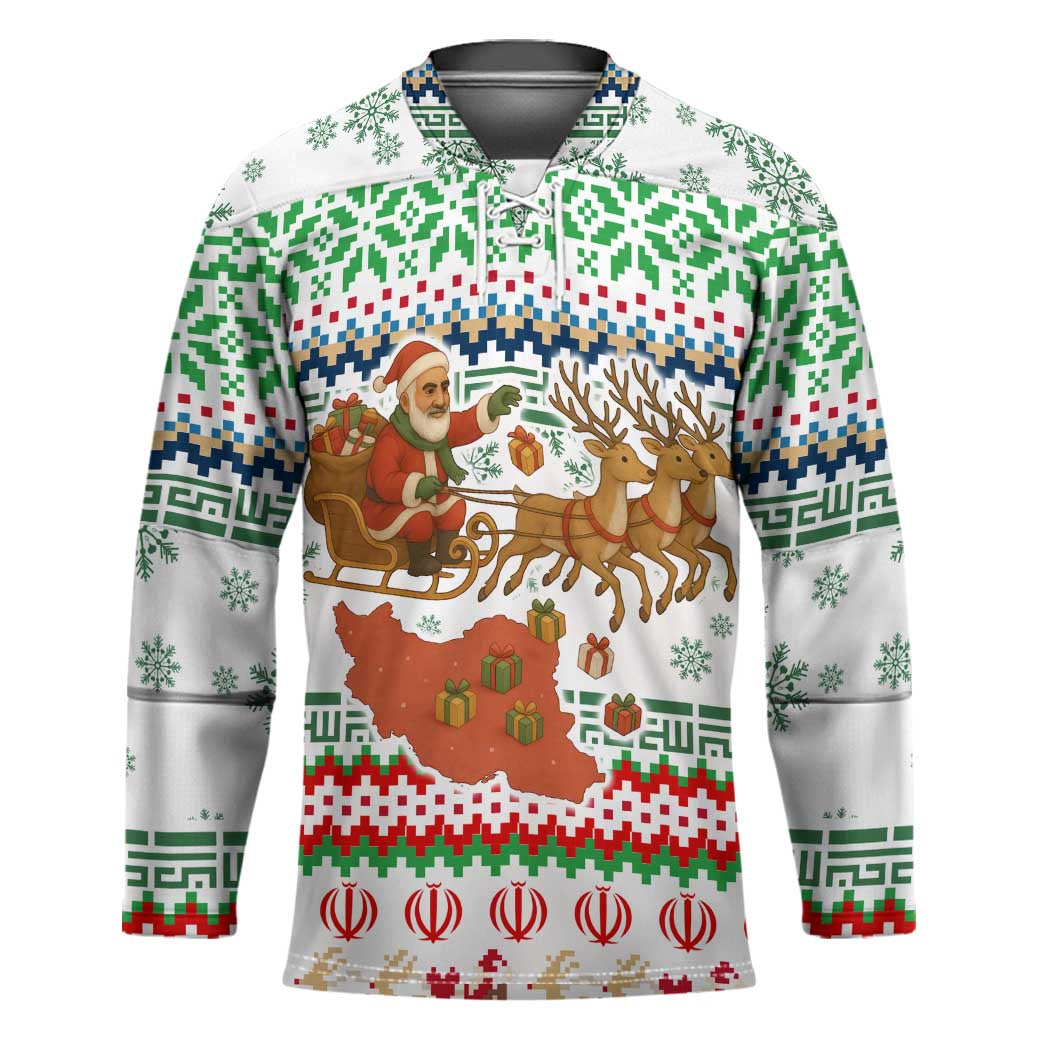 Iran Christmas Hockey Jersey with Santa Sleigh Reindeer Map and Green Red Snowflake Pattern - Wonder Print Shop