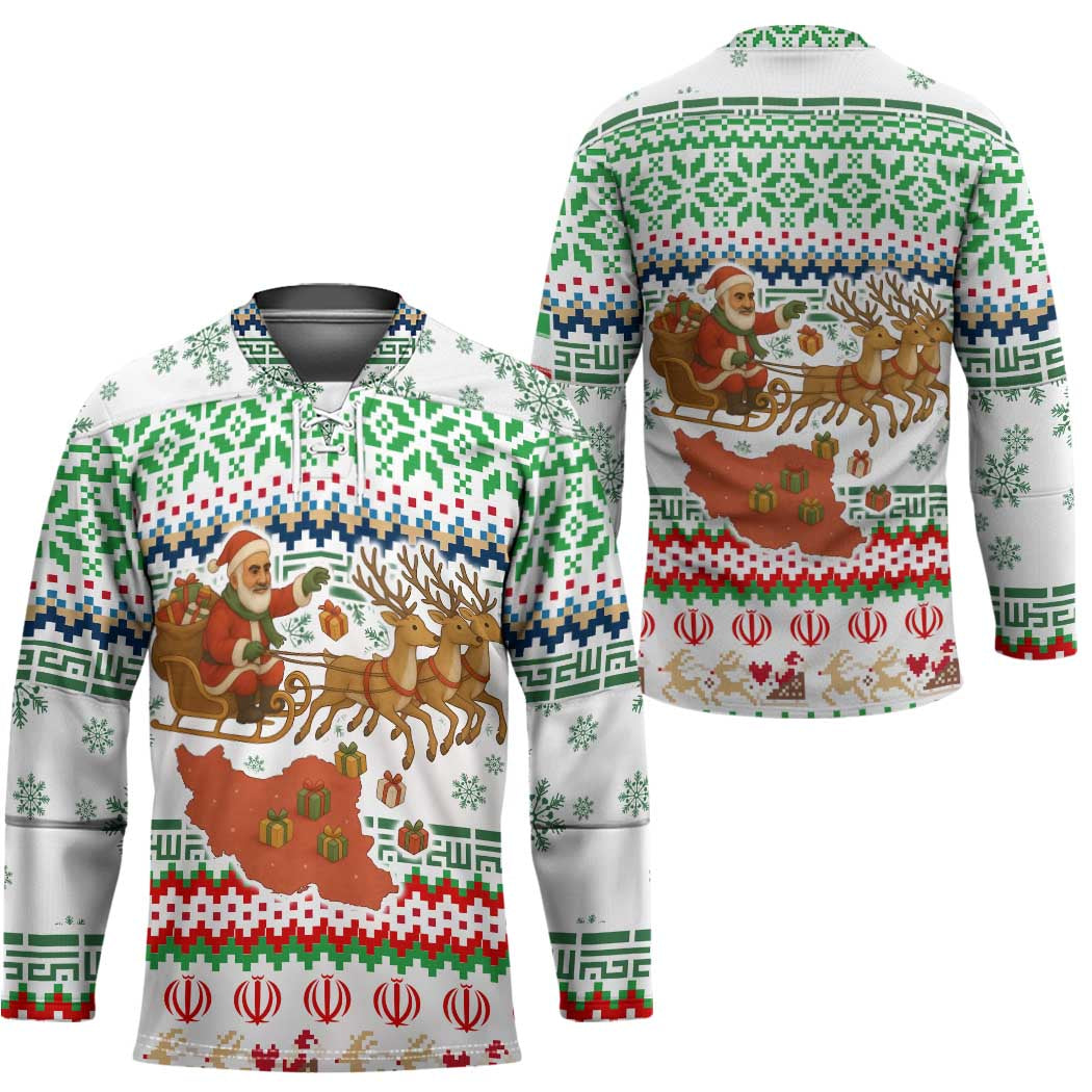 Iran Christmas Hockey Jersey with Santa Sleigh Reindeer Map and Green Red Snowflake Pattern - Wonder Print Shop