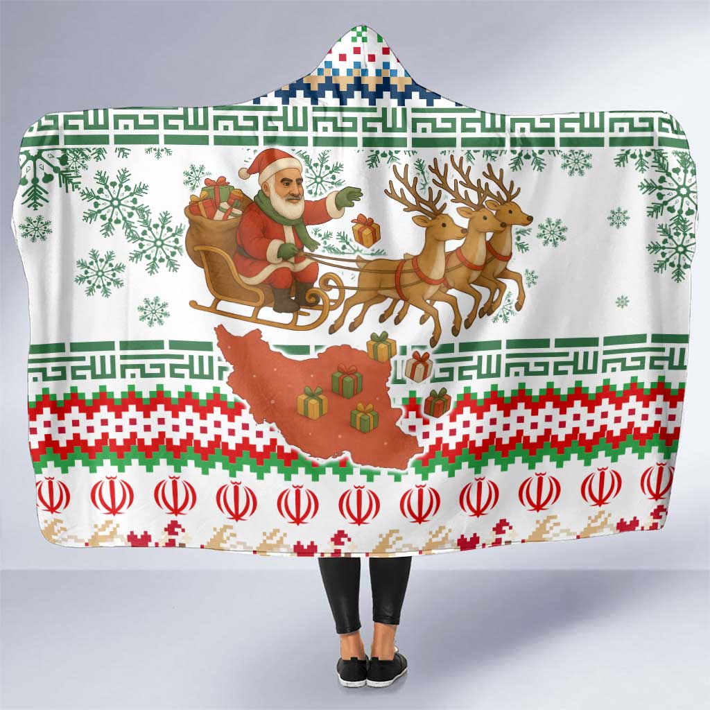 Iran Christmas Hooded Blanket with Santa Sleigh Reindeer Map and Green Red Snowflake Pattern - Wonder Print Shop