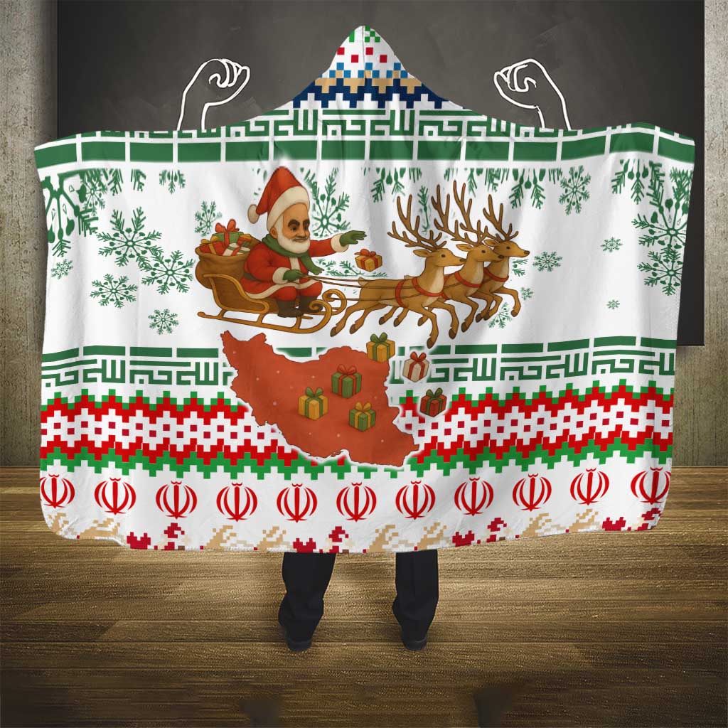 Iran Christmas Hooded Blanket with Santa Sleigh Reindeer Map and Green Red Snowflake Pattern - Wonder Print Shop
