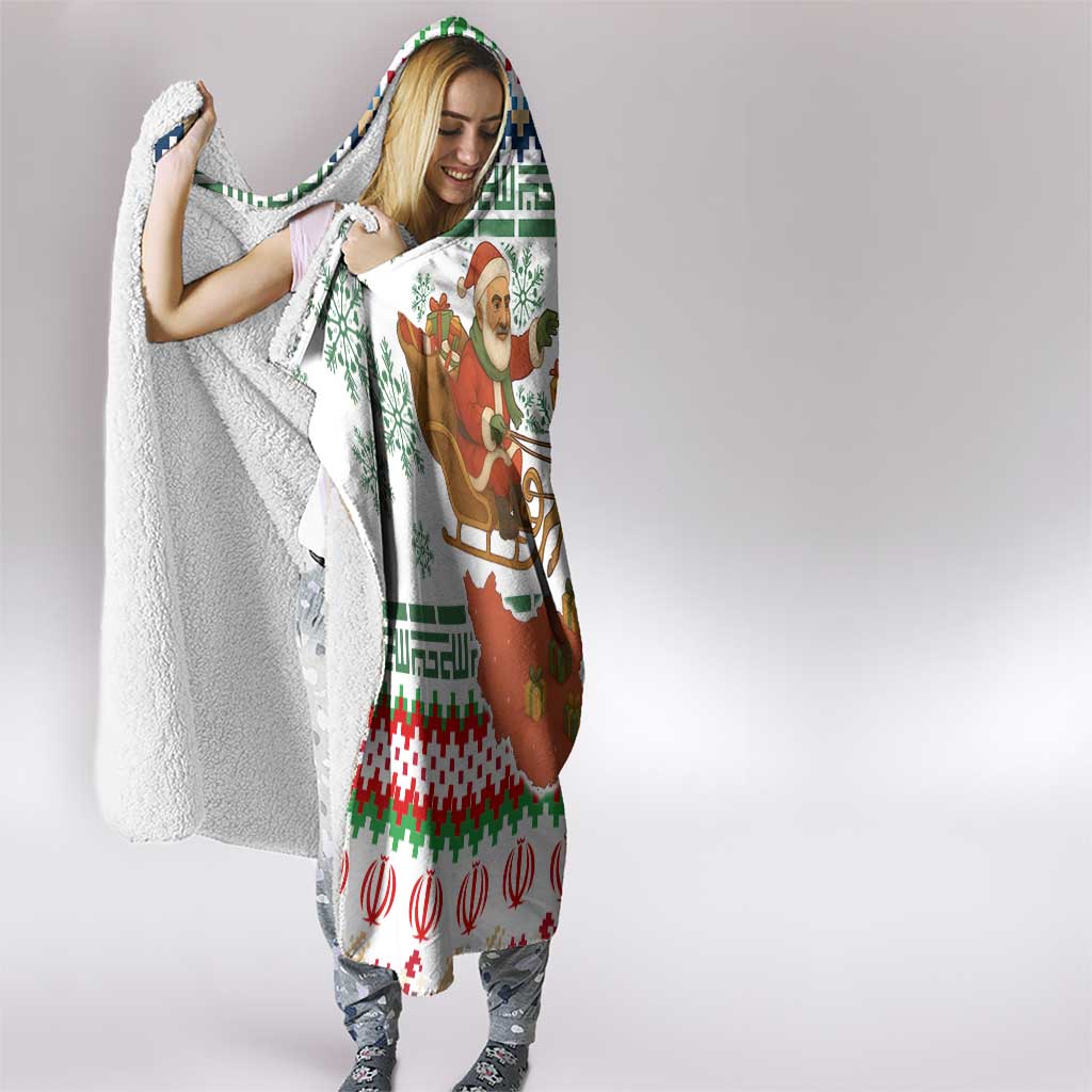 Iran Christmas Hooded Blanket with Santa Sleigh Reindeer Map and Green Red Snowflake Pattern - Wonder Print Shop