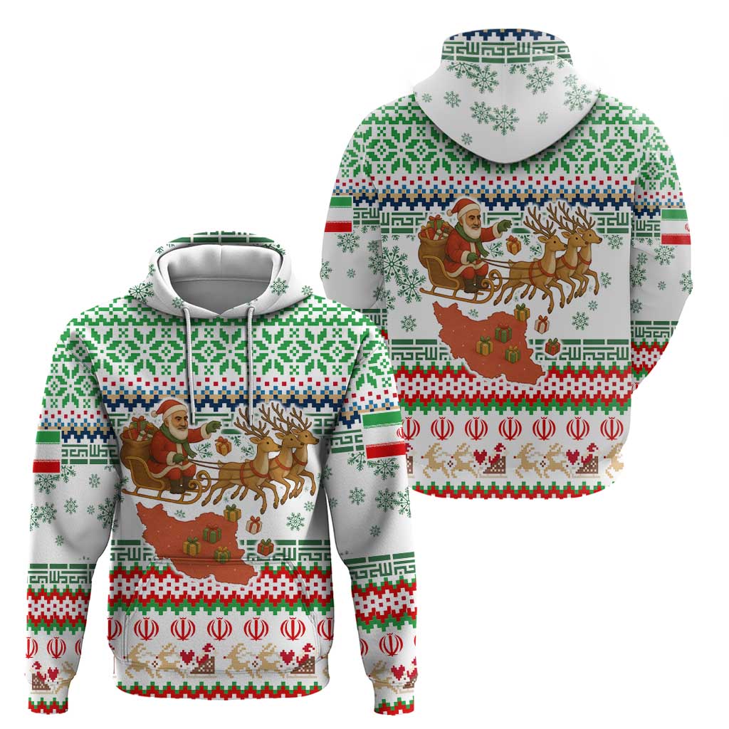 Iran Christmas Hoodie with Santa Sleigh Reindeer Map and Green Red Snowflake Pattern - Wonder Print Shop