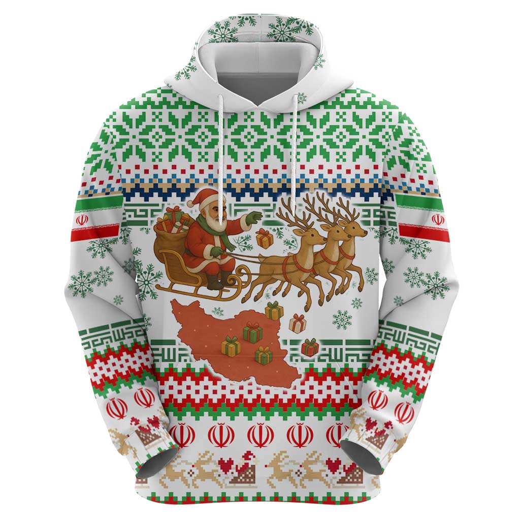 Iran Christmas Hoodie with Santa Sleigh Reindeer Map and Green Red Snowflake Pattern - Wonder Print Shop