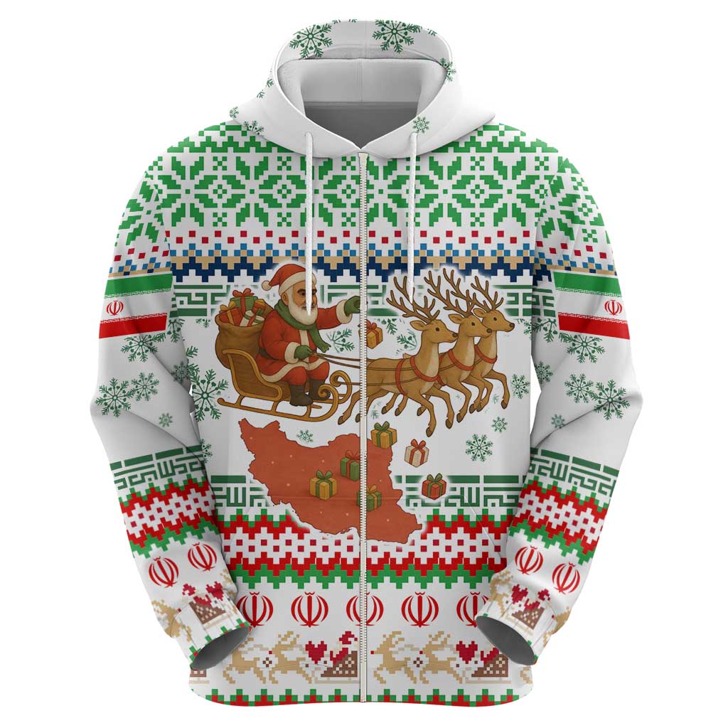 Iran Christmas Hoodie with Santa Sleigh Reindeer Map and Green Red Snowflake Pattern - Wonder Print Shop