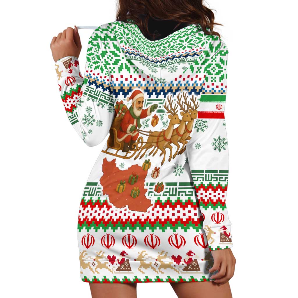 Iran Christmas Hoodie Dress with Santa Sleigh Reindeer Map and Green Red Snowflake Pattern - Wonder Print Shop