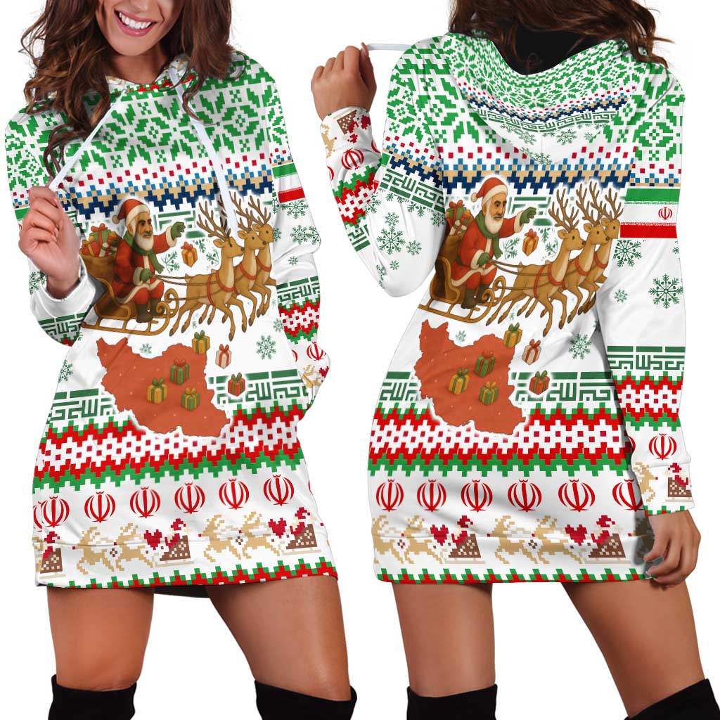 Iran Christmas Hoodie Dress with Santa Sleigh Reindeer Map and Green Red Snowflake Pattern - Wonder Print Shop