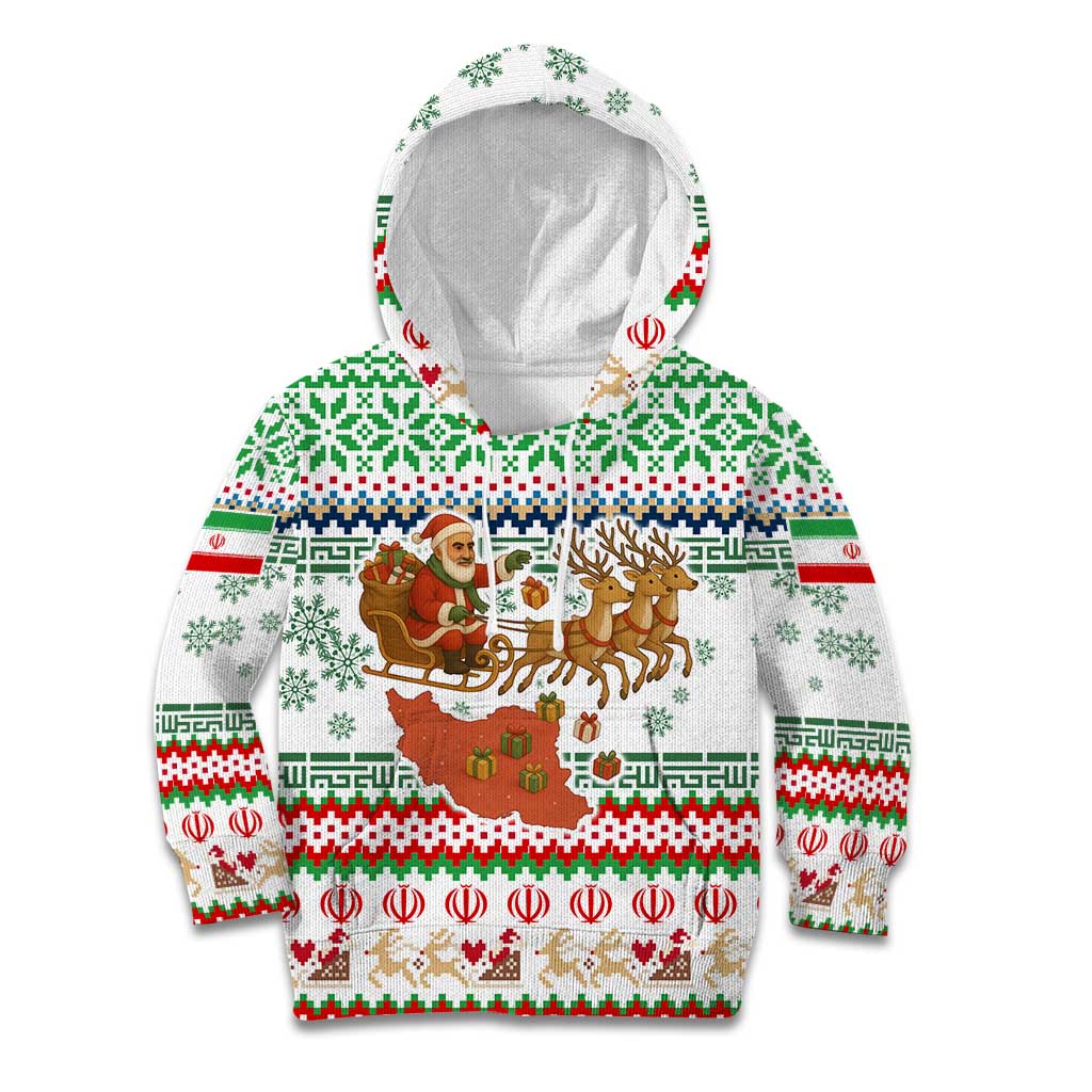 Iran Christmas Kid Hoodie with Santa Sleigh Reindeer Map and Green Red Snowflake Pattern - Wonder Print Shop