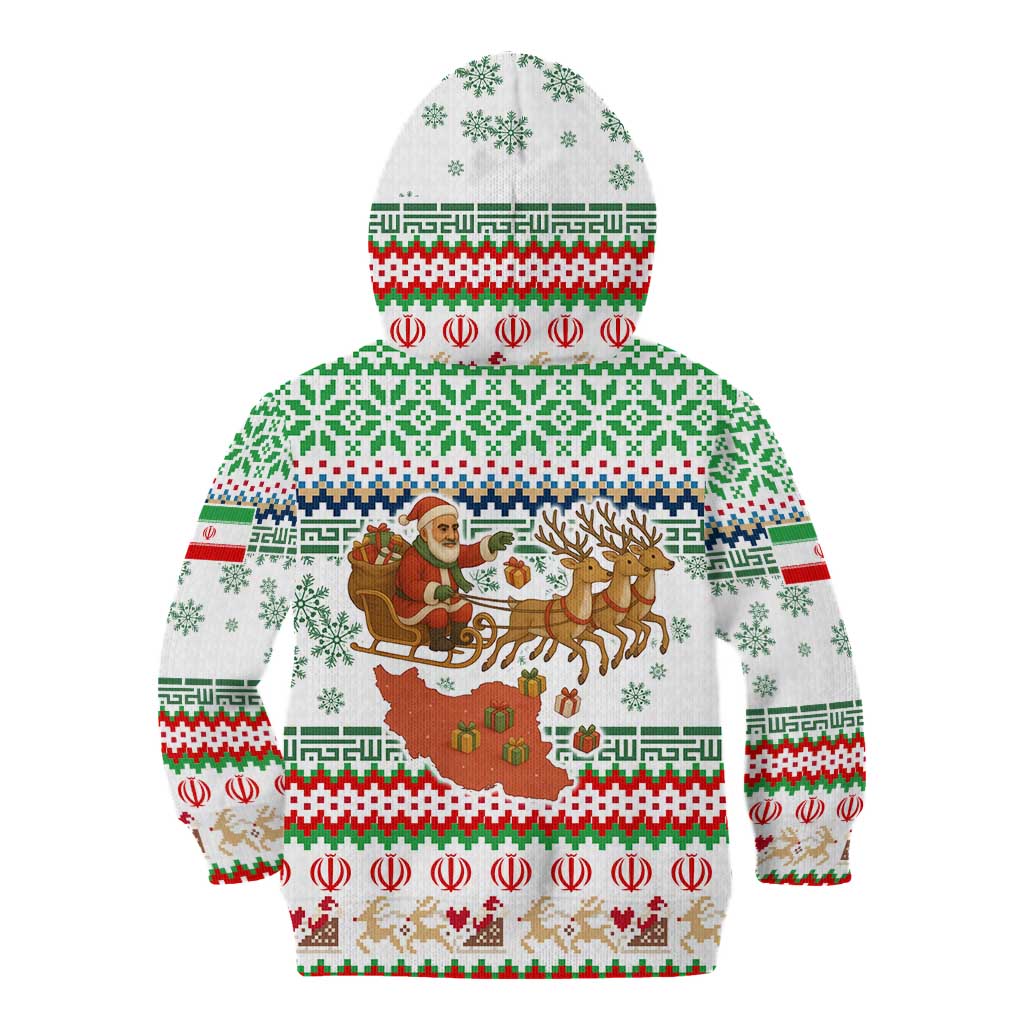 Iran Christmas Kid Hoodie with Santa Sleigh Reindeer Map and Green Red Snowflake Pattern - Wonder Print Shop