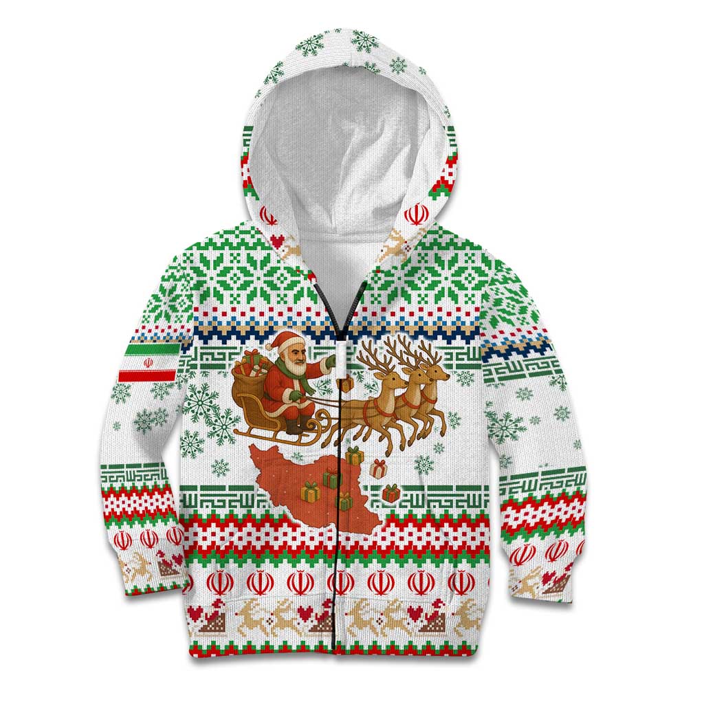 Iran Christmas Kid Hoodie with Santa Sleigh Reindeer Map and Green Red Snowflake Pattern - Wonder Print Shop