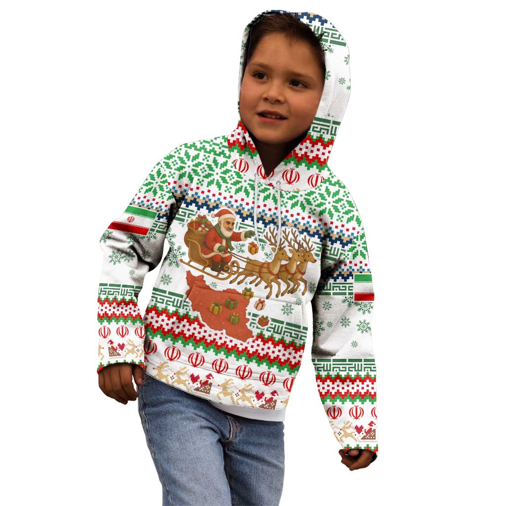 Iran Christmas Kid Hoodie with Santa Sleigh Reindeer Map and Green Red Snowflake Pattern - Wonder Print Shop