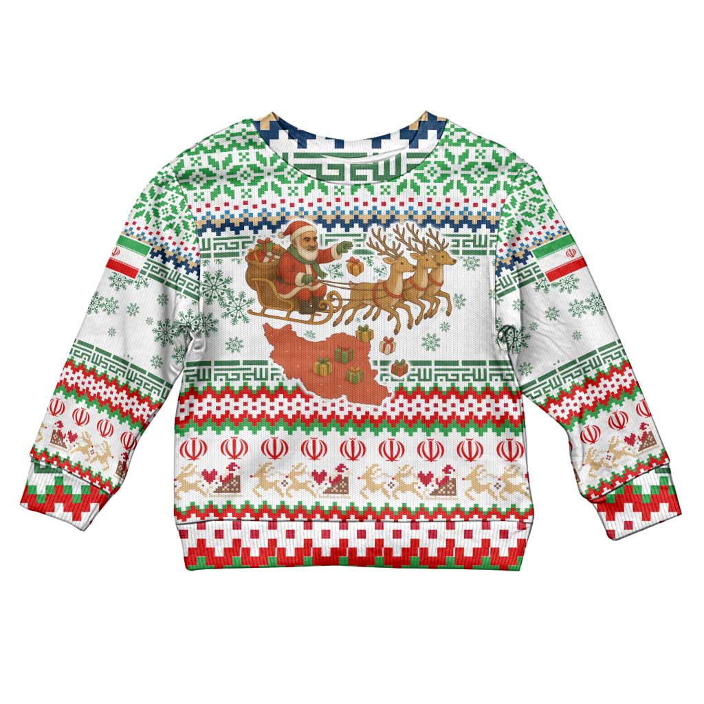 Iran Christmas Kid Ugly Christmas Sweater with Santa Sleigh Reindeer Map and Green Red Snowflake Pattern - Wonder Print Shop