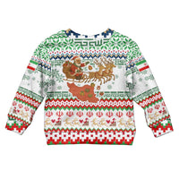 Iran Christmas Kid Ugly Christmas Sweater with Santa Sleigh Reindeer Map and Green Red Snowflake Pattern - Wonder Print Shop