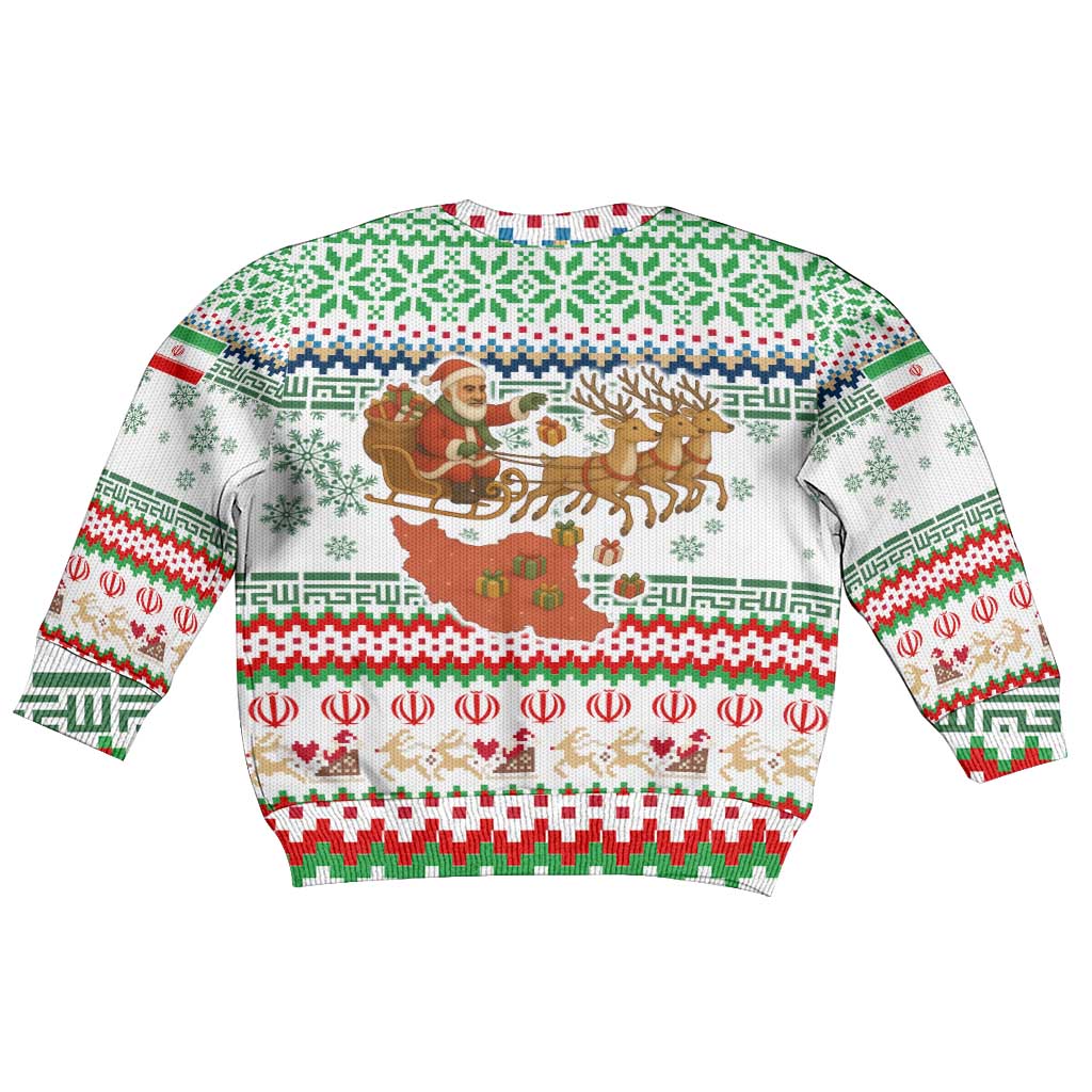 Iran Christmas Kid Ugly Christmas Sweater with Santa Sleigh Reindeer Map and Green Red Snowflake Pattern - Wonder Print Shop