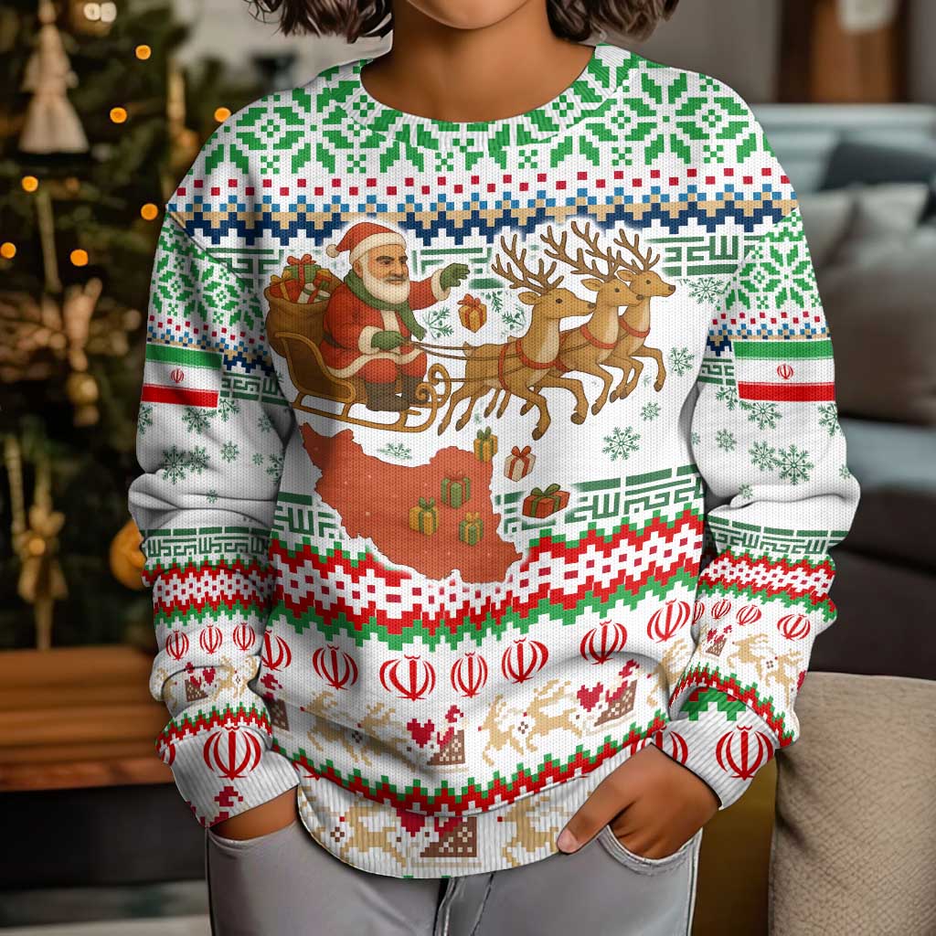 Iran Christmas Kid Ugly Christmas Sweater with Santa Sleigh Reindeer Map and Green Red Snowflake Pattern - Wonder Print Shop