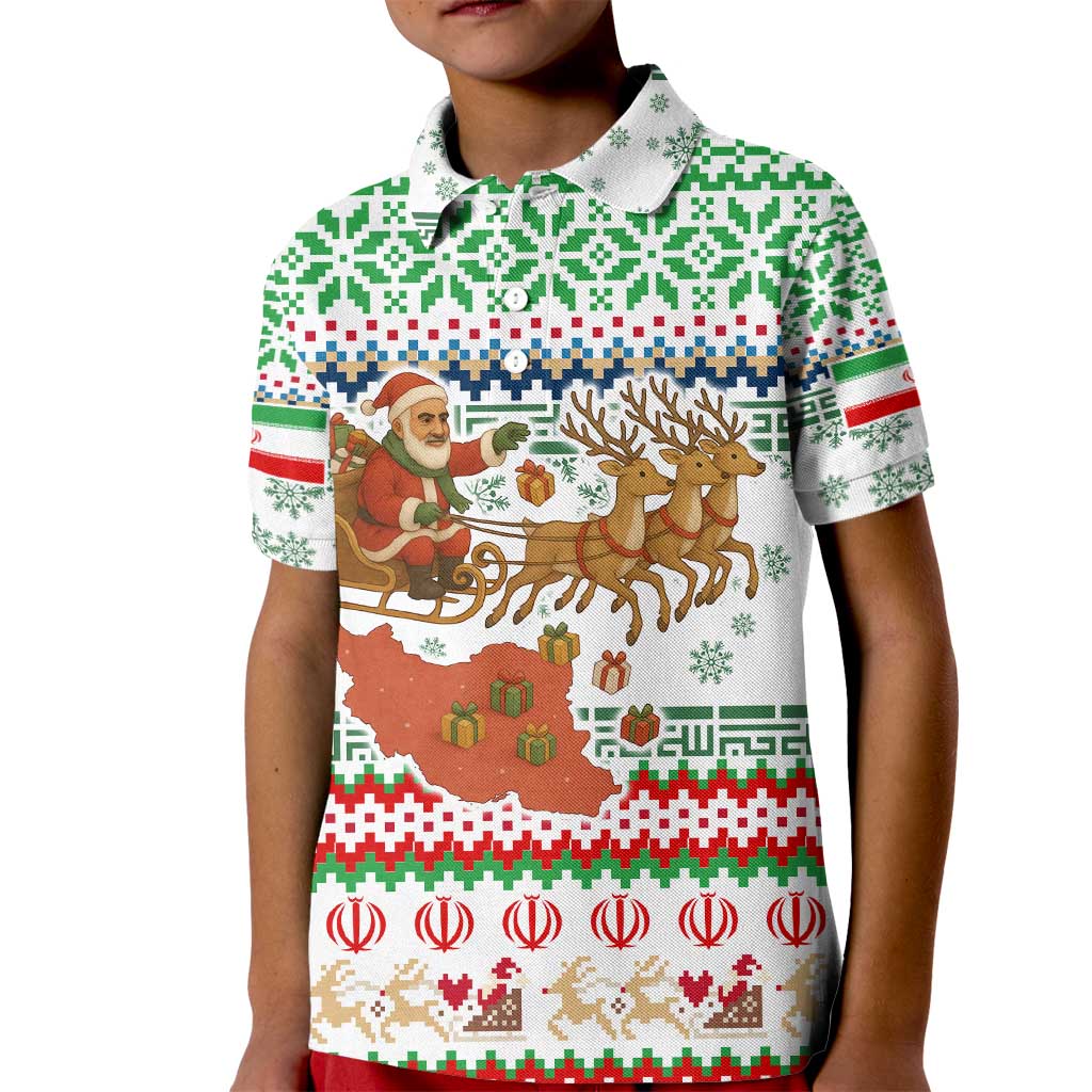 Iran Christmas Kid Polo Shirt with Santa Sleigh Reindeer Map and Green Red Snowflake Pattern - Wonder Print Shop