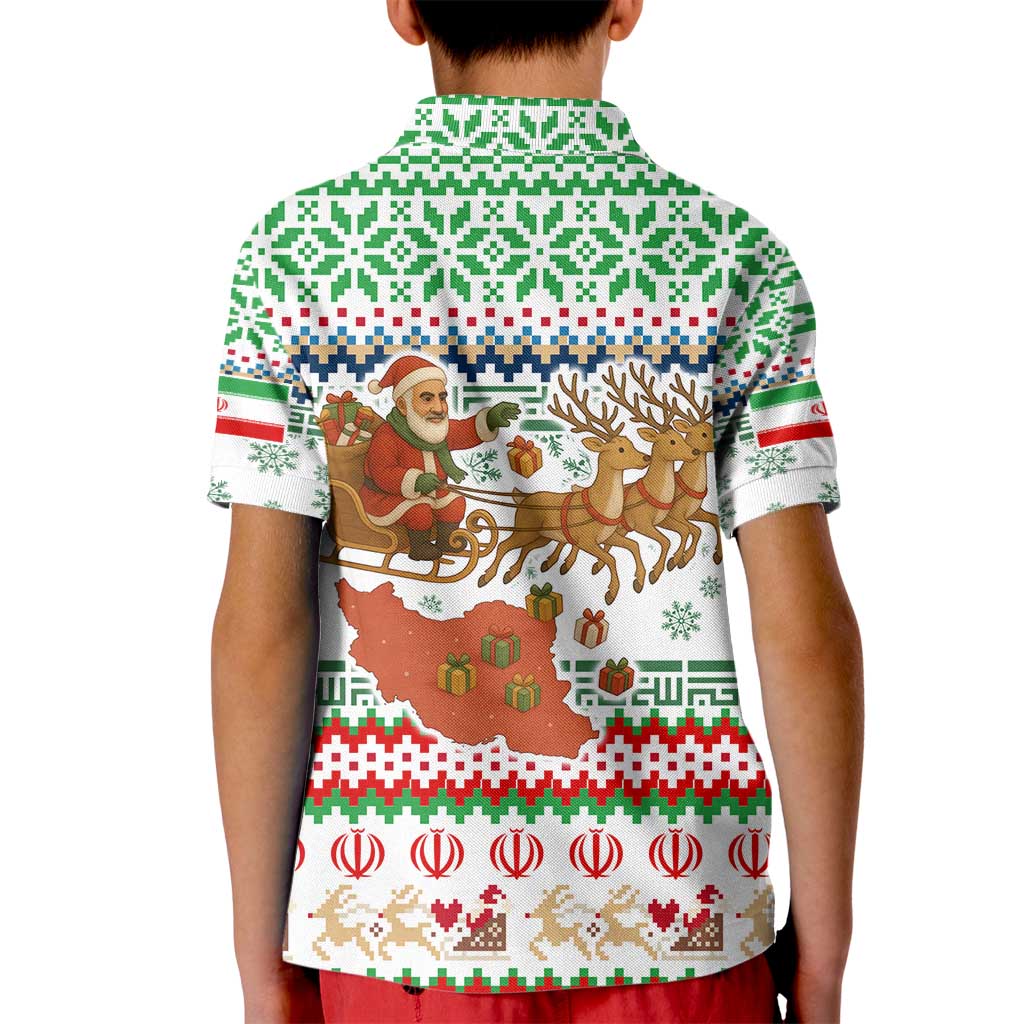 Iran Christmas Kid Polo Shirt with Santa Sleigh Reindeer Map and Green Red Snowflake Pattern - Wonder Print Shop