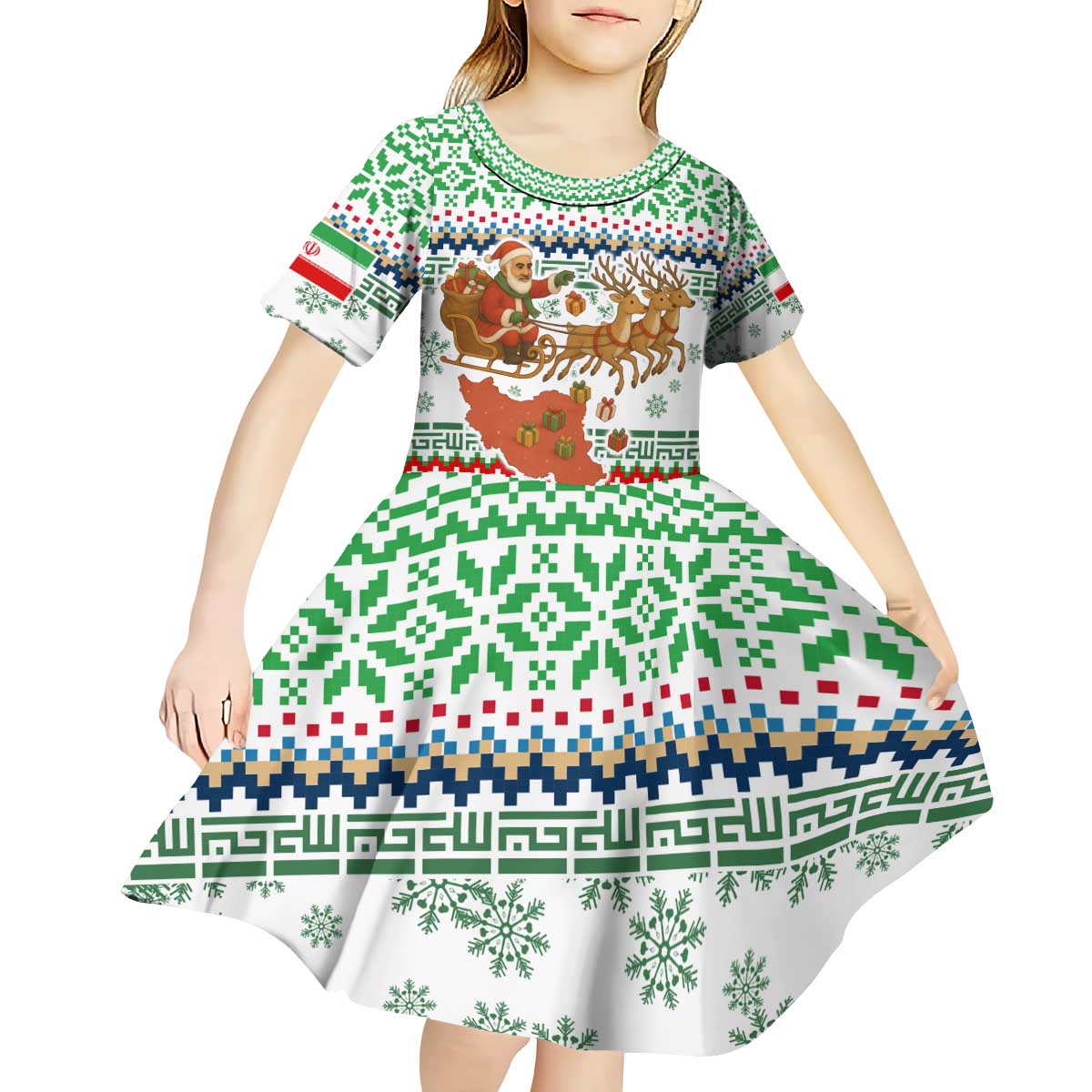 Iran Christmas Kid Short Sleeve Dress with Santa Sleigh Reindeer Map and Green Red Snowflake Pattern - Wonder Print Shop