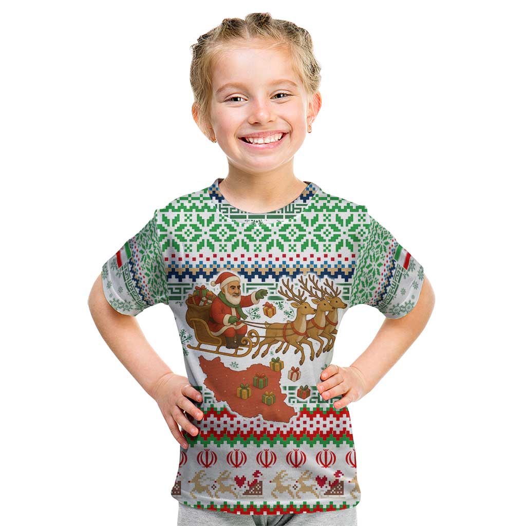 Iran Christmas Kid T Shirt with Santa Sleigh Reindeer Map and Green Red Snowflake Pattern - Wonder Print Shop