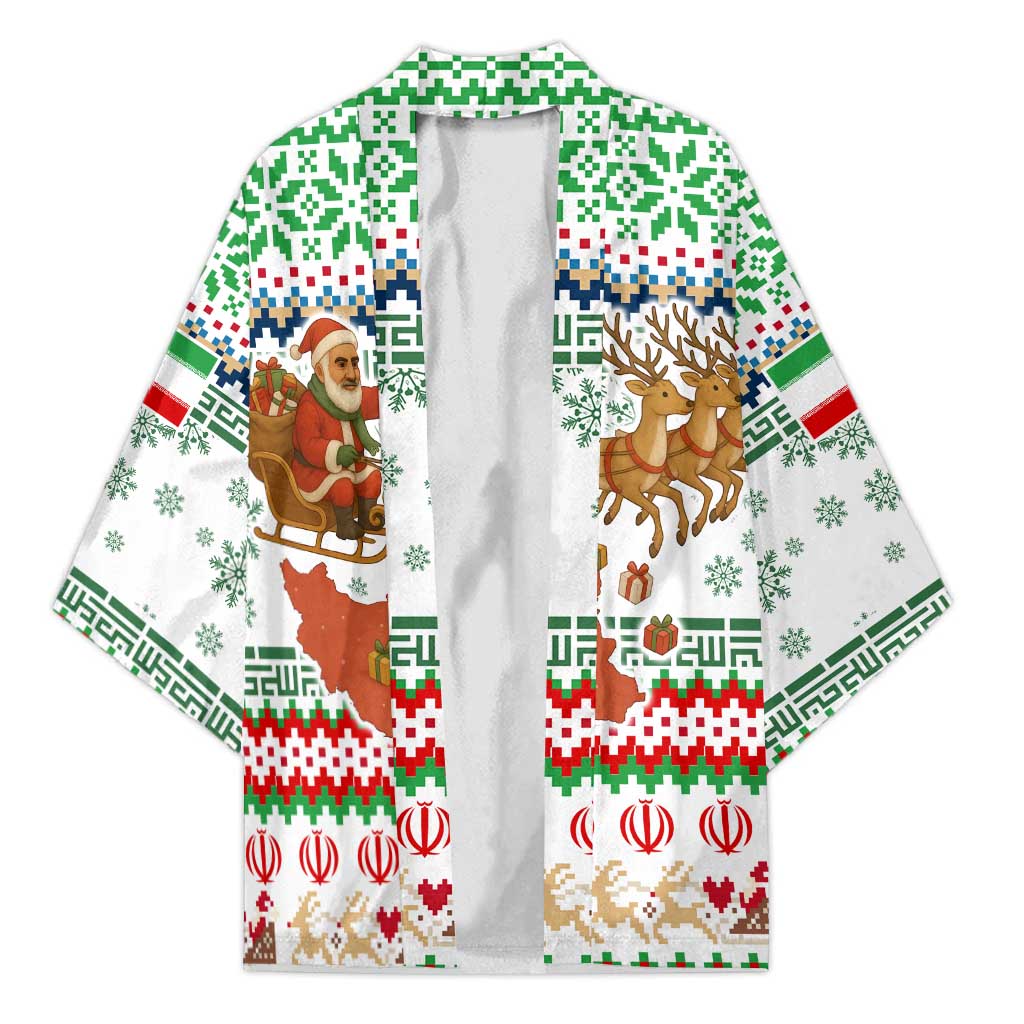 Iran Christmas Kimono with Santa Sleigh Reindeer Map and Green Red Snowflake Pattern - Wonder Print Shop