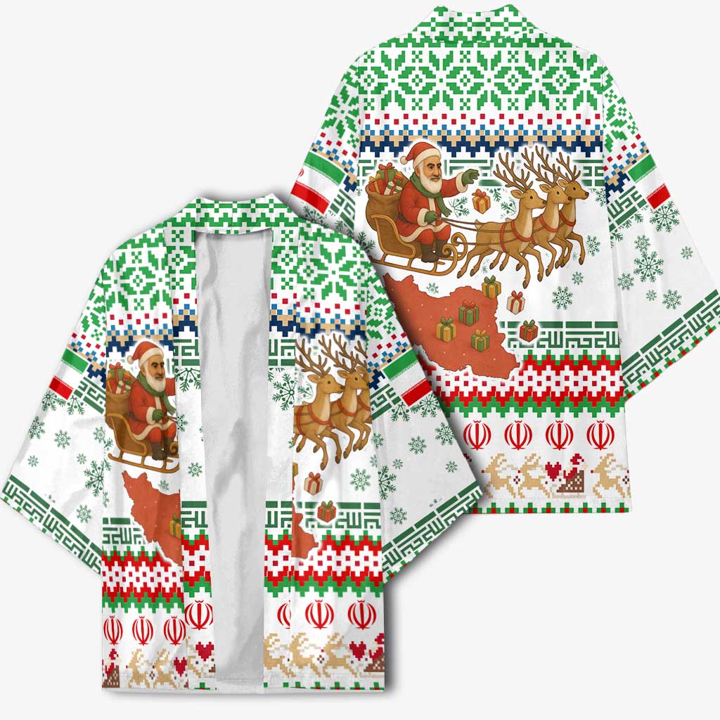 Iran Christmas Kimono with Santa Sleigh Reindeer Map and Green Red Snowflake Pattern - Wonder Print Shop