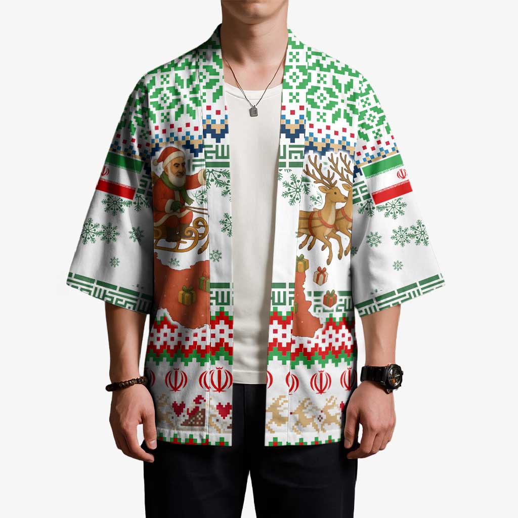 Iran Christmas Kimono with Santa Sleigh Reindeer Map and Green Red Snowflake Pattern - Wonder Print Shop