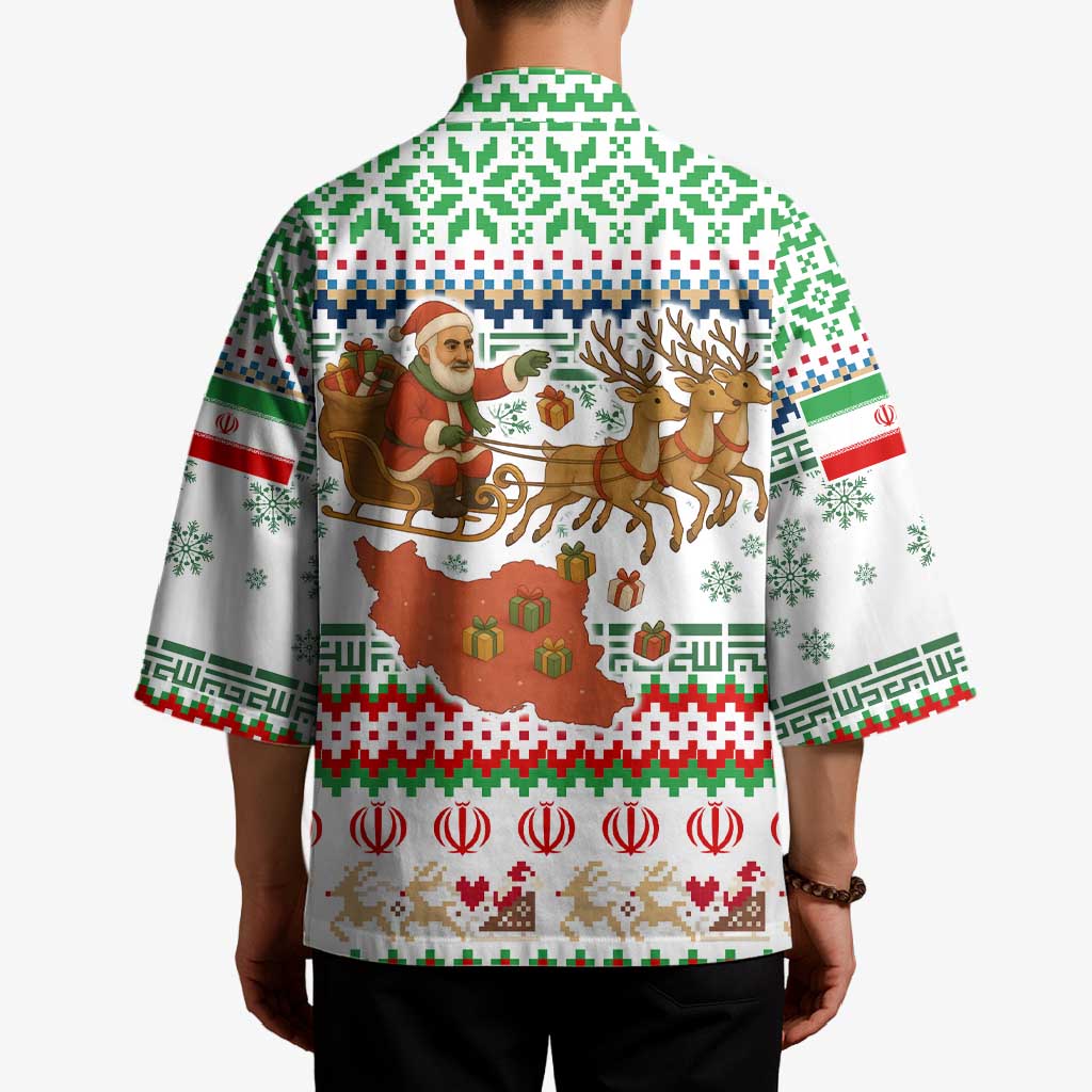 Iran Christmas Kimono with Santa Sleigh Reindeer Map and Green Red Snowflake Pattern - Wonder Print Shop