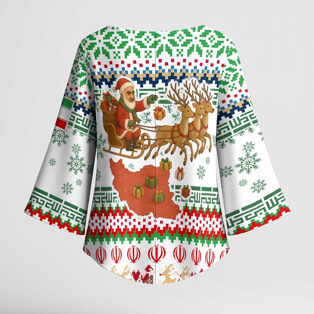 Iran Christmas Kimono Sleeve Blouse with Santa Sleigh Reindeer Map and Green Red Snowflake Pattern - Wonder Print Shop