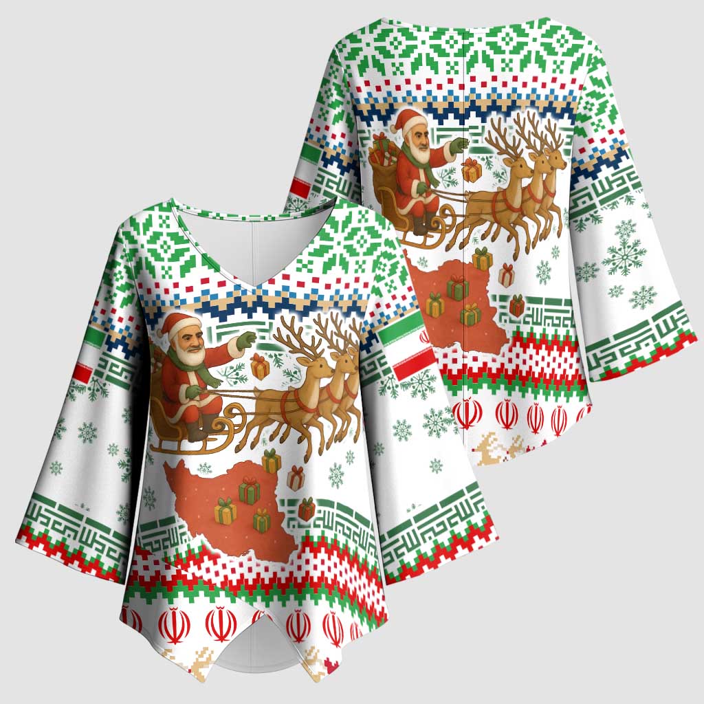 Iran Christmas Kimono Sleeve Blouse with Santa Sleigh Reindeer Map and Green Red Snowflake Pattern - Wonder Print Shop