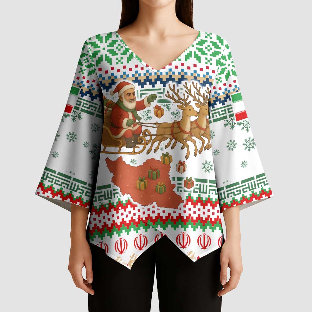 Iran Christmas Kimono Sleeve Blouse with Santa Sleigh Reindeer Map and Green Red Snowflake Pattern - Wonder Print Shop