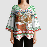 Iran Christmas Kimono Sleeve Blouse with Santa Sleigh Reindeer Map and Green Red Snowflake Pattern - Wonder Print Shop