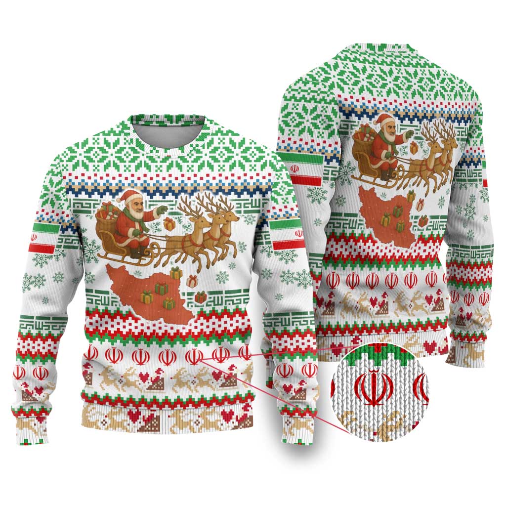 Iran Christmas Ugly Christmas Sweater with Santa Sleigh Reindeer Map and Green Red Snowflake Pattern - Wonder Print Shop